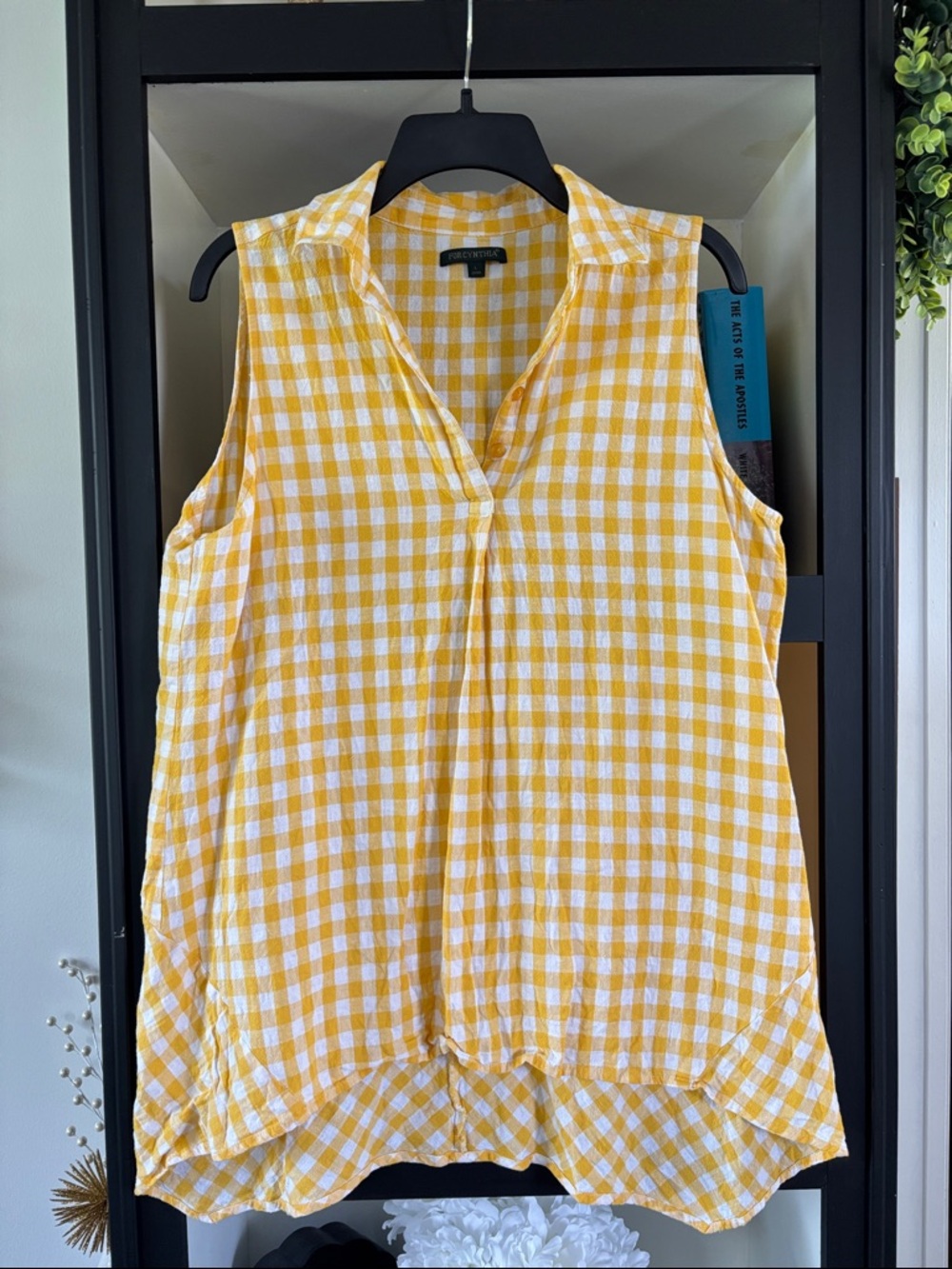 For Cynthia Yellow and White Gingham Sleeveless V-Neck Camisole